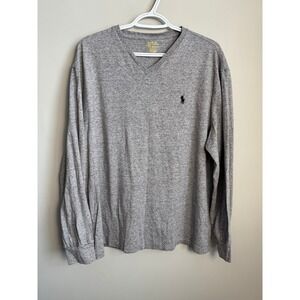 Polo Ralph Lauren V-Neck Long Sleeve T-Shirt Grey Classic Fit Large Mens Preppy